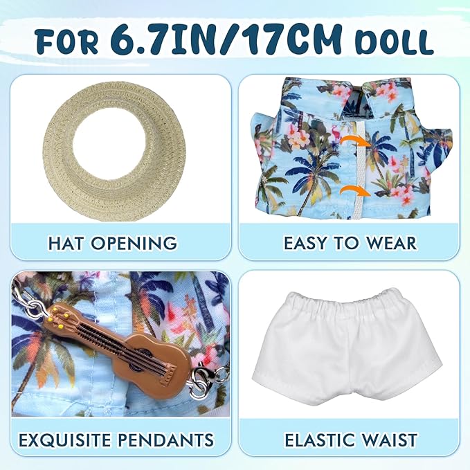 Clothes for 6.7in/17cm Doll, 4-Piece Set Summer Vacation Style Outfit for 6.7in/17cm Dolls, Doll Clothes Set，Includes Hat, Short-Sleeve Shirt, Pants and Miniature Guitar (SV-02)