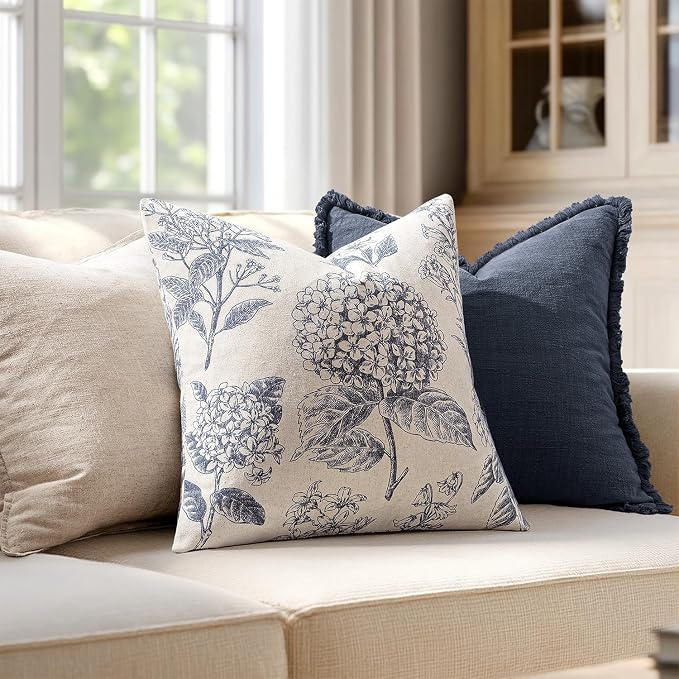 Set of 2 Decorative Floral Pillow Covers 20x20 Inch Navy Blue | Neutral Hydrangea Print, Boho Vintage Throw Cushion Covers, Cottagecore Home Decor, for Sofa Couch Porch Bedroom Living Room