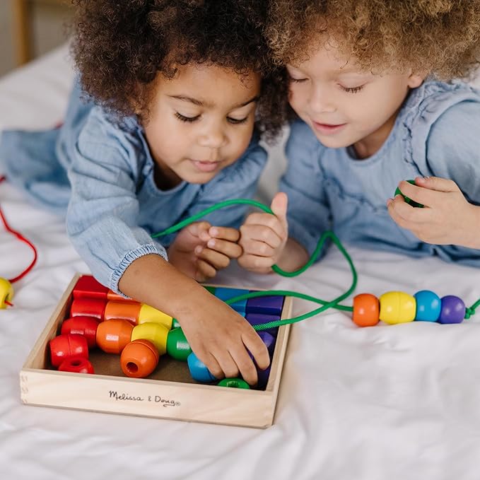 Melissa & Doug Primary Lacing Beads - Educational Toy with 30 Wooden Beads and 2 Laces for Toddlers, Fine Motor Skills Lacing Toys for Toddlers and Kids Ages 3+