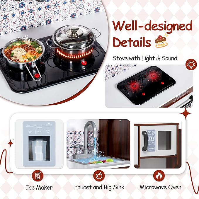 BRINJOY 2-Piece Kids Kitchen Playset, Wooden Play Kitchen Set for Toddlers, Modular Pretend Play Kitchen w/Light&Sound Stove Oven, Large Kitchen Cooking Toy w/Refrigerator, Gift for Girls Boys