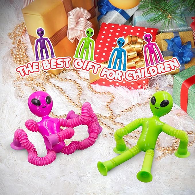 Pop Tubes Alien Fidget Toys for Kids, 4Pack Fidget Toys Telescopic Suction Cup Toy for Stress and Anxiety Relief, Stocking Stuffers Gift for Kids and Toddlers (4 Pack Alien)