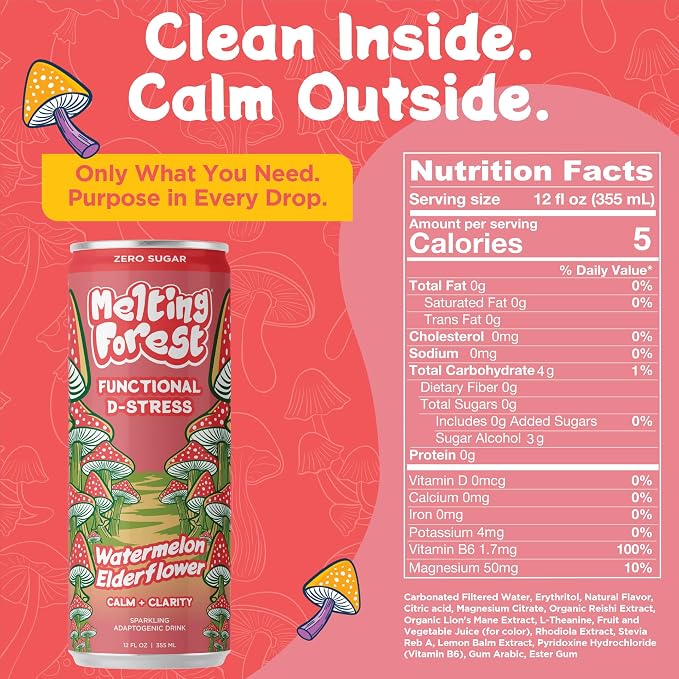 Melting Forest Functional D-Stress - Adaptogen Drink with L-Theanine, Reishi, Lion's Mane & Magnesium - Relaxation Drinks for Stress Relief - Zero Sugar, 5 Calories - Watermelon Elderflower (12-Pack)