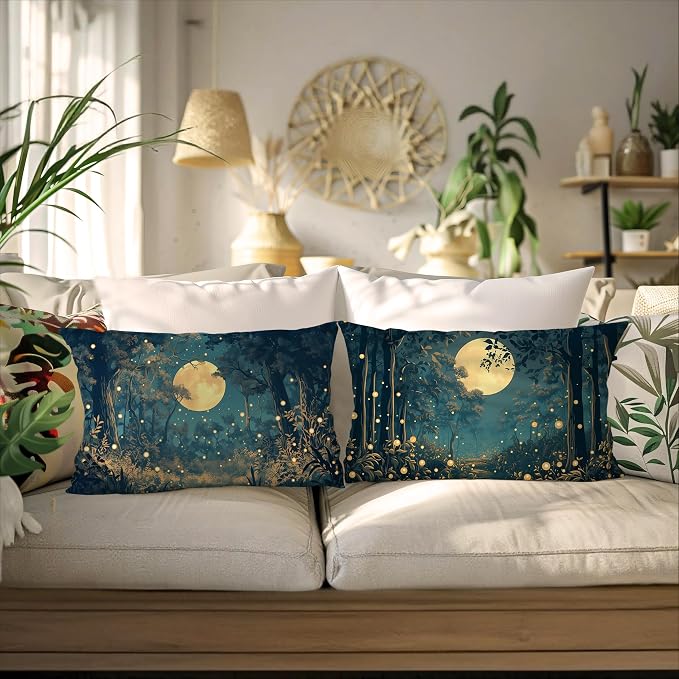 Rustic William Morris Style Night Moon Forest Decor Pillow Covers 20x12 Set of 2,Vintage Black and Gold Landscape Nature Botanical Decorative Throw Pillow Covers for Home Bedroom Living Room