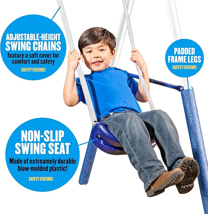 XDP Recreation Surf N Swing Painted Steel 5 Station Kids Outdoor Backyard Swing and Play Set with Wave Slide, Foam Leg Guards, and Hardware, Blue