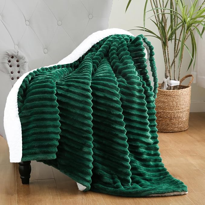 Green Sherpa Fleece Throw Blanket 50”×60” for Couch Sofa Bed | Double Side Soft Fuzzy Cozy Plush Thick Flannel Blanket with Striped Design Gift for Adults,Woman