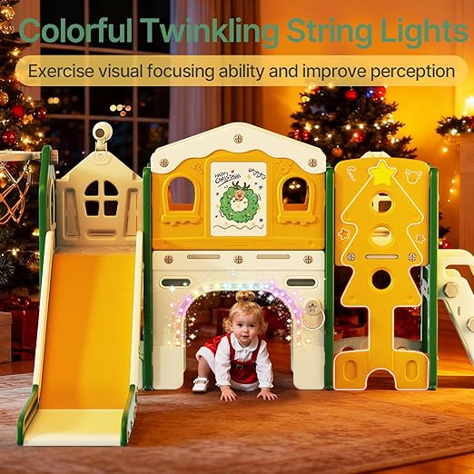 BIERUM 10 in 1 Toddler Slide Set - Baby Slide for Toddlers 1-3 with Colorful Lights, Drawing Board and Building Blocks Board, Indoor Outdoor Toddler Playset Playground, Green Yellow
