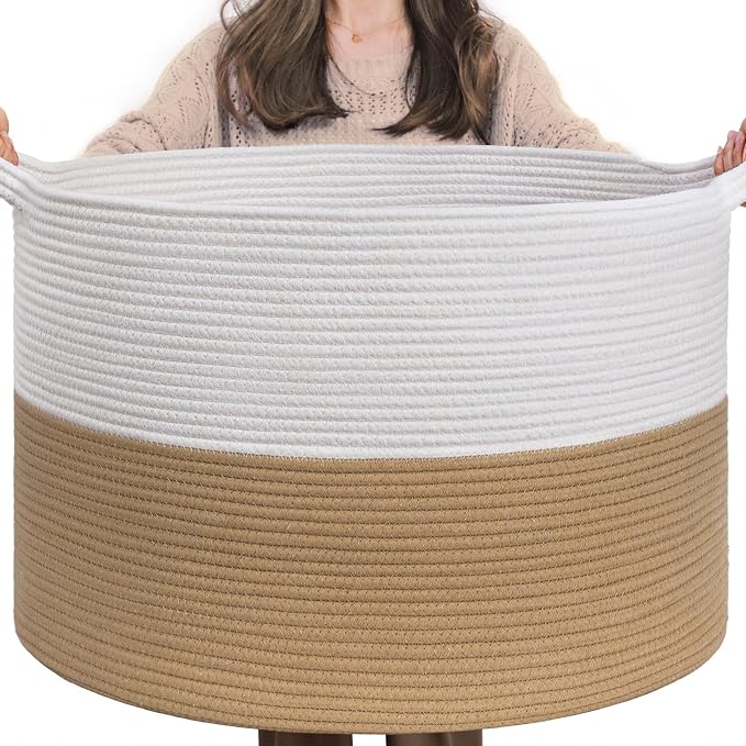 INDRESSME XXXLarge Woven Rope Blanket Basket Living Room, 90L | 21.7" x 13.8" Storage baskets for toys laundry & pillows. Fits living room, bedroom or nursery décor. Soft-touch with handles