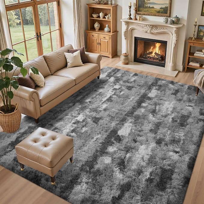 Area Rugs for Living Room 6x9 Feet, Soft Fluffy Shagg Plush Bedroom Rug Non-Slip,Large Carpet for Nursery Kids Dorm Home Decor Grey and White