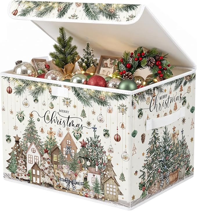 Briwooody Neutral Christmas Storage Bin with Lid and Carrying Handle Christmas Tree Foldable Storage Box Large Xmas Decorative Collapsible Container Basket for Organizing Closet Home Bedroom Gift