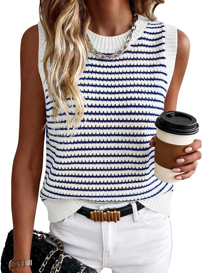 ANRABESS Womens Sleeveless Sweater Vest Striped Tank Tops | Crochet Knit Crew Neck, Lightweight Soft Comfy, Vacation Travel Work Casual Outfits, Sping Summer Layering Clothes