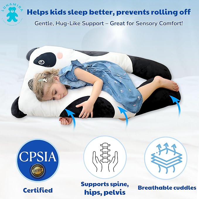 LUNAMIRA Panda Kids Body Pillow - 47" U-Shape Long Plush Soft Animal Pillow for Kids, Sleeping, Reading, ADHD & Special Needs Comfort, Anxiety, Washable Cover, Snuggle Fun Cuddle Gift for Boys & Girls