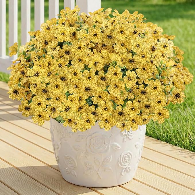 13 Bundles Artificial Flowers for Outdoors Summer Decoration | Silk Realistic UV Resistant Faux Flowers Fake Plants for Outside Planter Porch Yard Patio Garden Home Indoor, Yellow