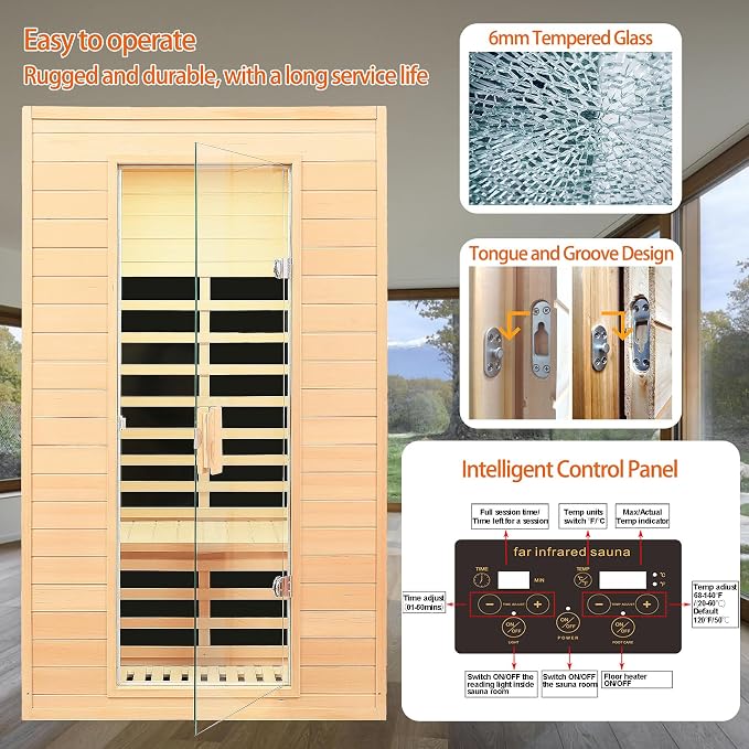 2 Person Infrared Sauna, Low EMF Far Infrared Sauna, Canadian Hemlock Wood Sauna for Home 1500W Indoor Sauna Home Spa Sauna with Bluetooth Speakers, Reading Lights, Roof Vent, Tempered Glass
