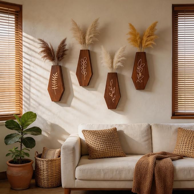 Wood Wall Vase 4 Pack, Modern Farmhouse & Boho Wall Decor Wooden Hanging Planter Set, Minimalist Mounted Vase for Living Room, Entryway, Hallway, Bathroom, Dining Room(Brown)
