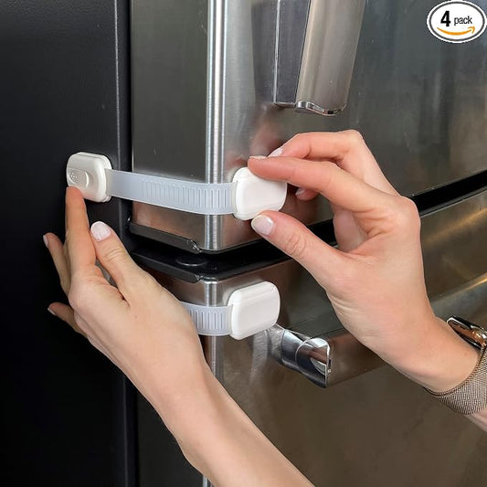 Vmaisi Baby Proofing Cabinet Locks - Childproofing Adjustable Multi Use Straps Latches for Drawers, Fridge, Dishwasher, Toilet Seat, Cupboard, Closet, Oven,Trash Can, Adhesive No Drilling (White) (4)