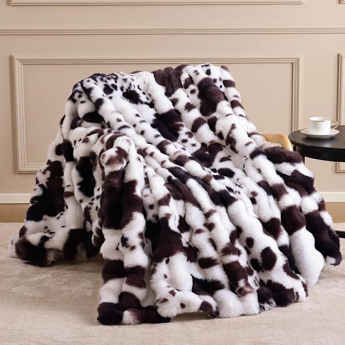 Faux Rabbit Fur Throw for Couch - Cow Brown Bubble Blanket 50"x60" | Fluffy Plush Fuzzy Throw for Sofa & Bed, Super Soft Cozy Comfrt Blanket, Luxury Aesthetic Cow Print Decor Gift for Women