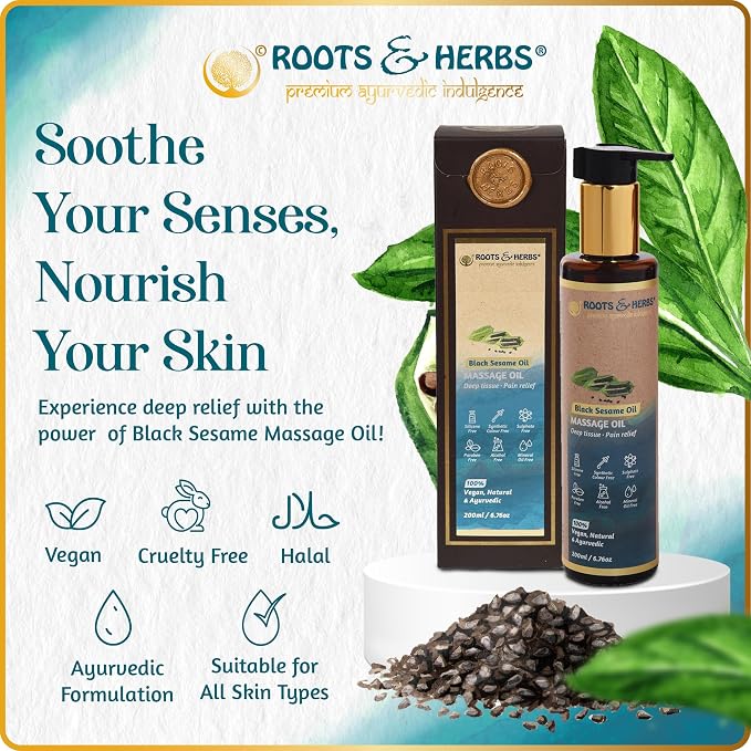 Black Sesame Seed Oil - Body Massage Oil Warmer with Cold-Pressed Black Seed Oil, Ayurvedic Herbs - Body Massage Oil for Massage Therapy - Roots and Herbs, 6.76 oz