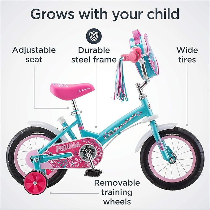 Schwinn Petunia and Grit Bike, 12 Inch Bike for Kids Ages 2-4, Orange, Teal, Pink or Blue, Steerable Beginner Bicycle with Training Wheels, Parent Push Handle, Rear Coaster Brake, Adjustable Seat