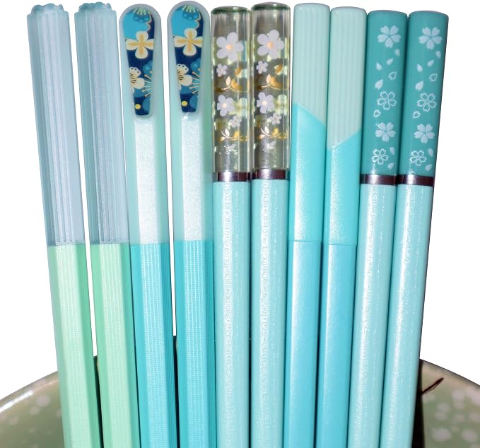 5 Pairs Blue Green Fiberglass Chopsticks Reusable Chopsticks Japanese Korean Chinese Non-Slip Chopsticks Dishwasher Safe, 9.6 Inches Long