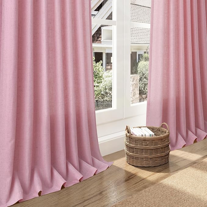 Nanspring Rose Linen Curtains 90 Inch Long 2 Panels Set Back Tab Rod Pocket Semi Sheer Light Filtering Boho Style Neutral Farmhouse Lightweight for Bedroom and Living Room 52x90