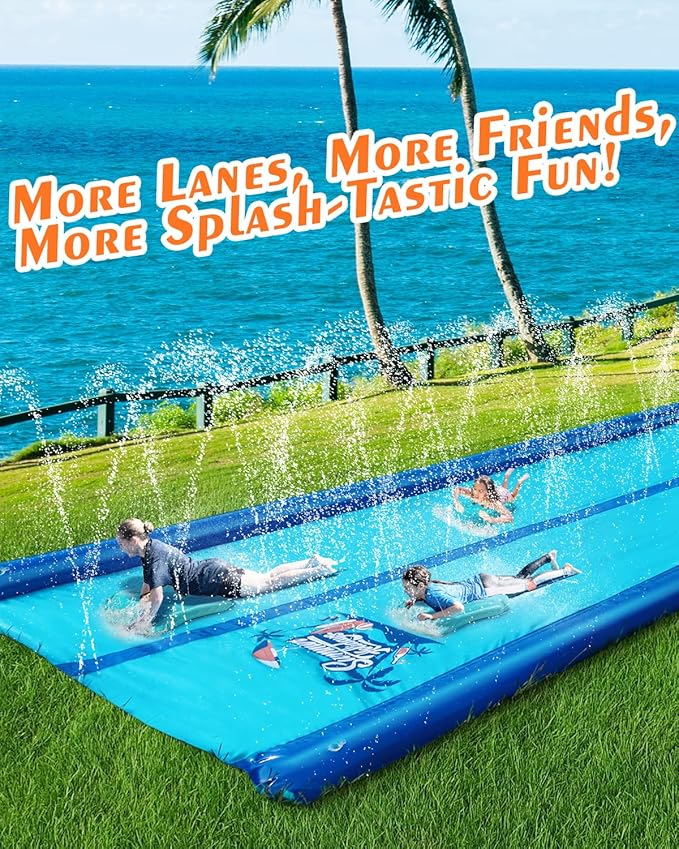 Slip and Water Slide for Kids and Adults Backyard,2 Lanes Extra Long Inflatable Slip and Water Slide with Sprinkler and Bodyboards,Heavy Duty Summer Outdoor Water Toy,Blue Shark Theme