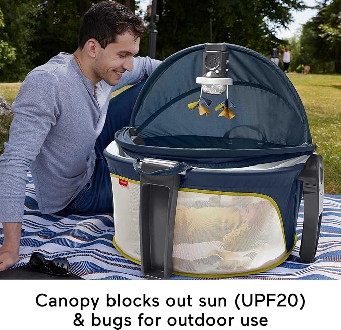 Fisher-Price Portable Baby Bassinet and Play Space Deluxe On-the-Go Projection Dome with Lights Music and Canopy, Cool Hues