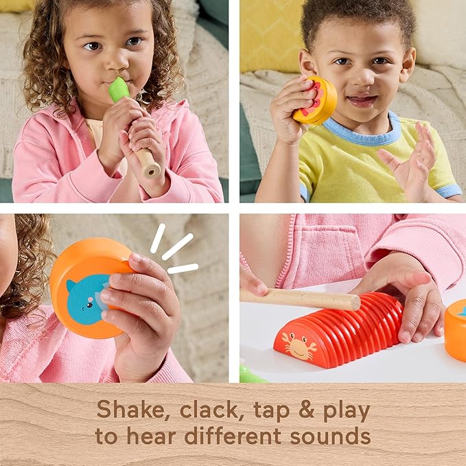 Fisher-Price Wood Toddler Toys Ocean Musical Instruments Set, 6 Wooden Pieces for Creative Play Preschool Kids Ages 2+ Years