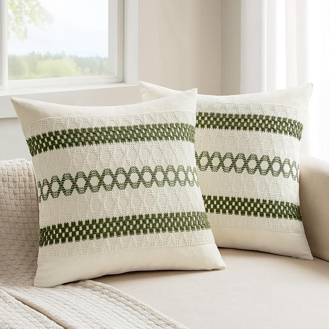 MIULEE Set of 2 Moss Green Boho Decorative Pillow Covers 20x20 Inch | Farmhouse Couch Throw Pillows, Modern Cotton Cushion Covers, Macrame Woven Spring Decor for Bed Sofa Chair