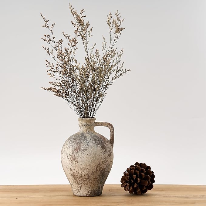 PORCER Antique Ceramic Vase, 8.3 Inch Terracotta Vase with Handle, Tuscan Decor Decorative Vase, Rustic Vase for Home Decor, Farmhouse, Living Room, Floor, Wedding, Christmas- Gray