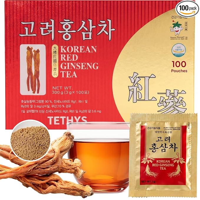 Korean Food TETHYS Red Ginseng Tea, 9-Step Panax Ginseng, 300g Granules Mix | Instant granules made from 9-step steamed and dried Korean Panax red ginseng, caffeine-free