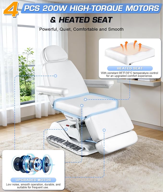 Fully Electric Massage Table with Heated Seat, 4 x 200W Motors Professional Lift Chair for Estheticians, Multi-Layer Premium Materials for Spa, Wellness Center, Home Use