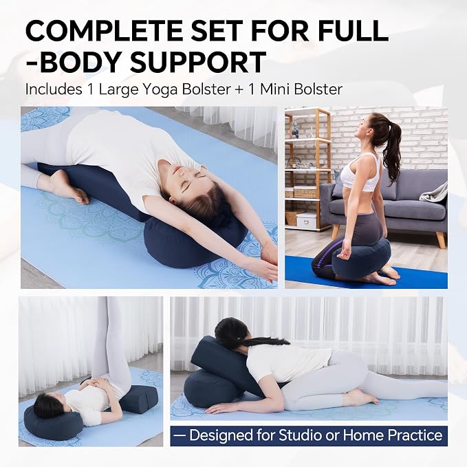 MABOZOO 2-Piece Yoga Bolster Pillow, Rectangular & Crescent Meditation Cushions with Removable Cover for Restorative Yoga, Meditation Accessories for Sitting on Floor