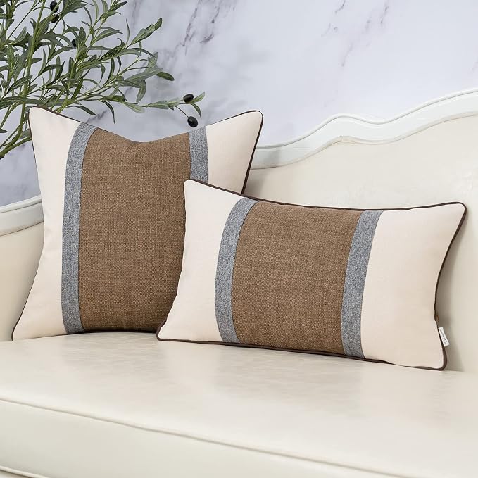 Patchwork Pillow Cover 12x20 Inch Luxury Cotton and Linen Cushion Cover Rectangle Pillowcover for Couch Bedroom Living Room,Brown