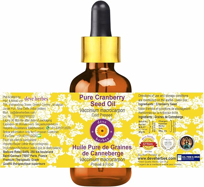 dève herbes Pure Cranberry Seed Oil (Vaccinium macrocarpon) with Glass Dropper 100% Cold Pressed 30ml (1 oz)