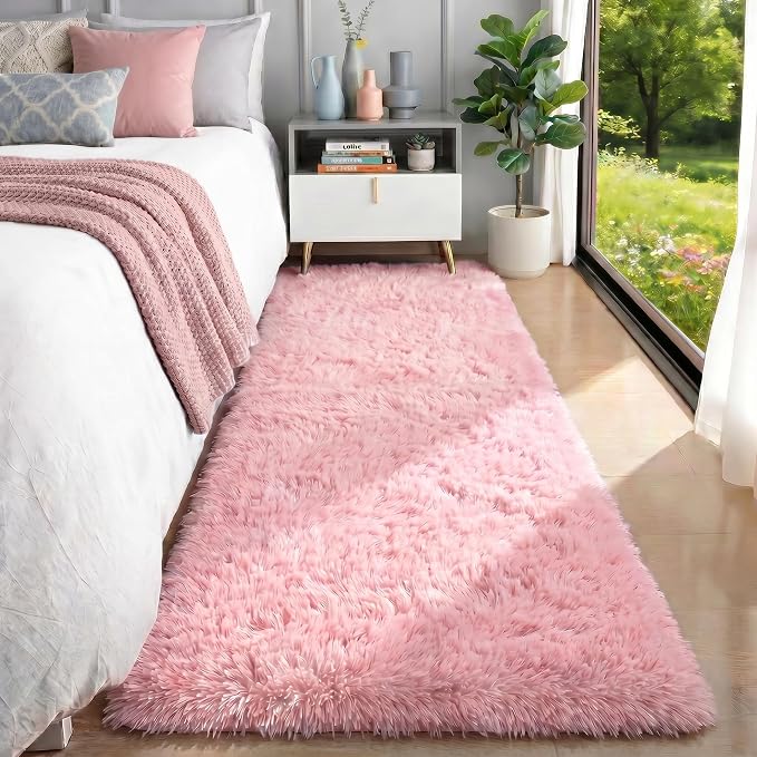 Pink Runner Rugs for Girls Bedroom, Plush Fluffy Hallway Rug 2x6 Ft, Kawaii Vibrant Carpet for Living Room, Non-Slip Long Bedside Rugs,Girls Nursery Kids Girls Princess Room Decor Aesthetic Light Pink