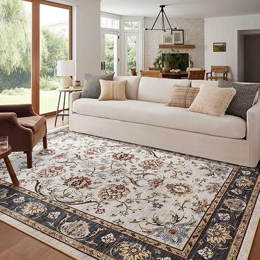 4x6 Ft Washable Area Rug for Bedroom, Non Slip Rugs for Living Room Ultra-Thin Accent Indoor Floor Carpet for Nursery Playroom Home Decor (Beige Yellow)