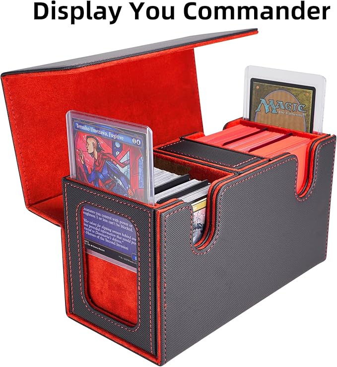 AFIING Mtg deck box with commander display- Fits 200 Double Sleeved Cards,3-in-1Card Deck Case,Strong Magnet Card Organizer For Magic Commander TCG CCG,4Dividers &2 Toploaders, Black/Red
