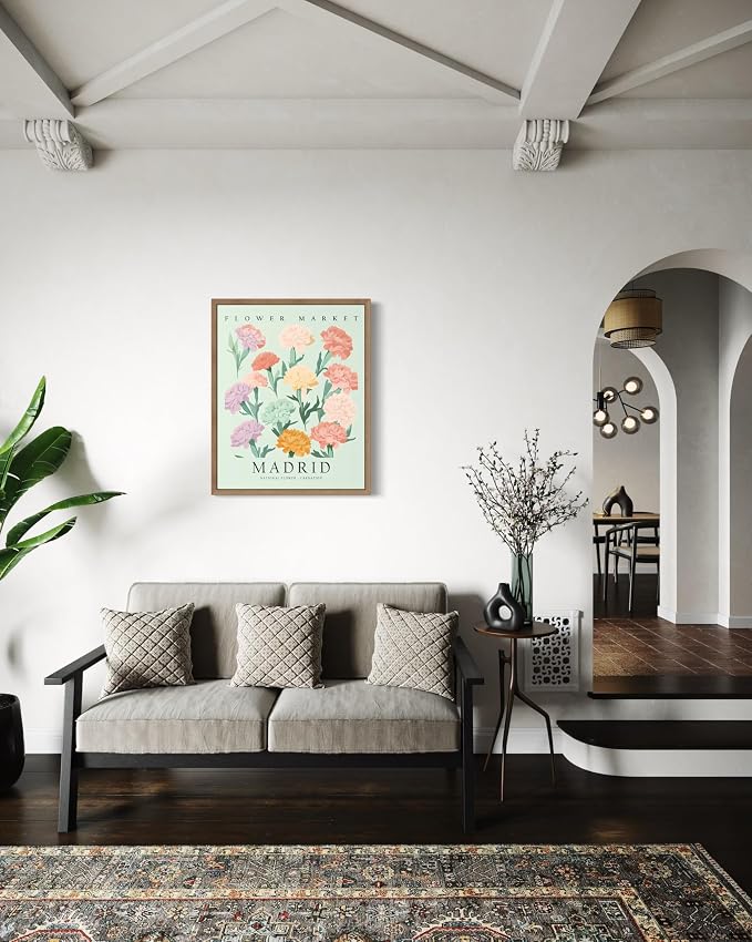 Spain Flower Market Art Print Poster, Wall Art Floral Painting Botanical Decor for Bedroom, Kitchen, Bathroom Livingroom Decoration 82B (Spain, 14"L x 11"W, Wood Frame)