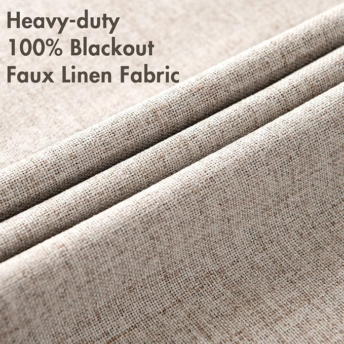 MIULEE Linen Texture Curtains for Bedroom Solid 100% Blackout Thermal Insulated Khaki Curtains Grommet Room Darkening Drapes for Living Room 52x108 Inch (2 Panels)