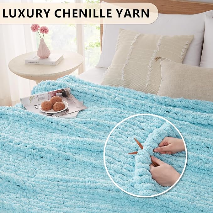 L'AGRATY Chunky Knit Throw Blanket for Couch, 40 x 50 Inches, Light Blue | Handmade Chenille Crochet Blanket for Sofa Bed, Thick Cable Knitted Blankets for Room Home Decor, Birthday Gift for Women Mom