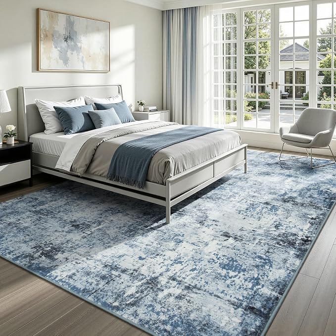 Rugflix 5x7 Area Rugs for Living Room, Washable Light Blue Grey Large Rug | Machine Washable; Stain-Resistant; Low Pile; Non-Slip; Modern Abstract; Black Carpet for Bedroom Dining Office Nursery Home