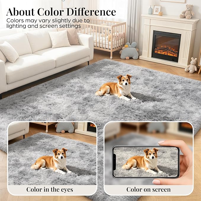 Area Rug for Living Room Bedroom: 9x12 Light Grey Soft Fluffy Shag Upgrade Non-Slip High Pile Carpet Large Fuzzy Plush Indoor Floor Decor Shaggy Rug for Kid Boys Girls Playroom Nursery Modern Home