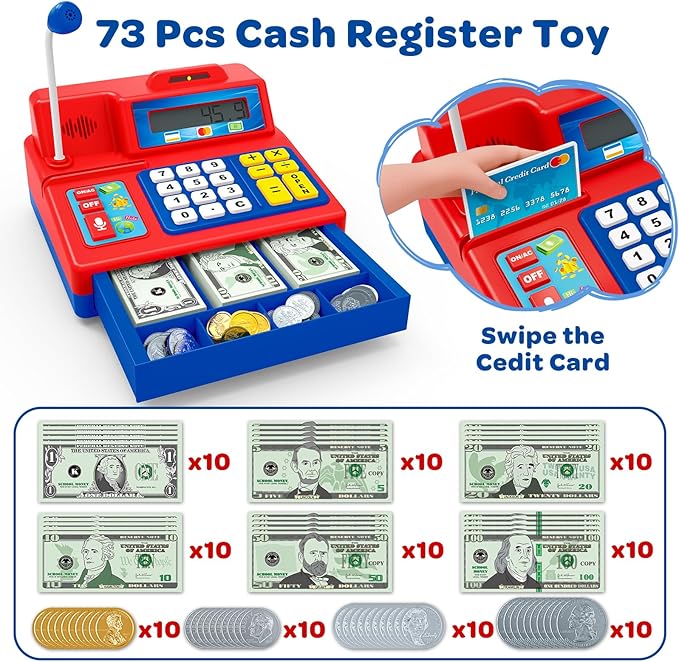 Calculator Cash Register Toy Gift for Kids Age 3, 4, 5, 6, 7, 8+ Year Old, 103 Pcs Grocery Store Playset with Microphone, Credit Card, Cash Register for Toddlers Kids 4-8