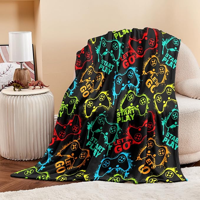 Wajade Game Blanket for Boys and Girls 3D Colorful Video Games Controller Blanket for Kids Teens Soft Warm Fuzzy Game Blanket for Couch Sofa Bed 60x80inch