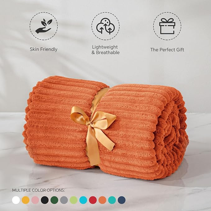 BEDELITE 3D Ribbed Burt Orange Fleece Twin Fall Blanket for Bed, 60x80 Inch | Soft Warm Decorative Fluffy Blanket, Cozy Plush Lightweight Fuzzy Throw Blanket for Couch Sofa Fall Decor, Gift for Women