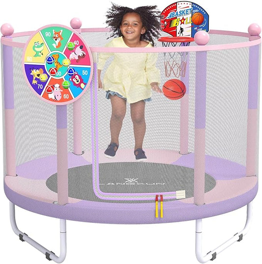 60" Trampoline for Kids, 5ft Toddler Mini 6-in-1 Trampoline Indoor Outdoor with Swing, Basketball Hoop, Dart Board, Rings, Christmas Toys Birthday Gifts for Girls Boys
