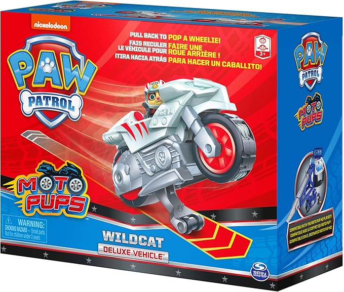PAW Patrol, Moto Pups Wildcat’s Deluxe Pull Back Motorcycle Vehicle with Wheelie Feature and Toy Figure