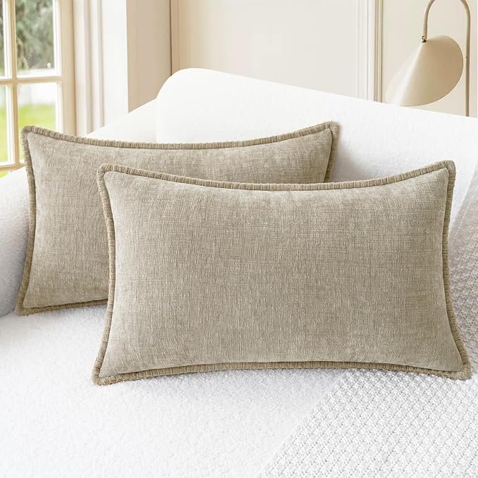 CaliTime Decorative Couch Throw Pillow Covers 20 X 12 Inches Light Taupe | Pack of 2, Cozy Chenille Cushion Cases, Cotton Thread Stitching Edges, for Sofa Bed Living Room Farmhouse