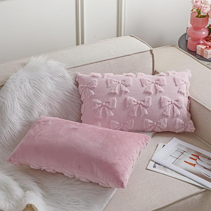 Mixweer Pink Bow Pillow Covers Set of 2 Preppy Room Decor Coquette Cute Spring Summer Decorative Faux Fur Soft Bowknot Stuff Fluffy Plush Aesthetic Pillowcase for Bed Sofa Couch (12 x 20 Inch)