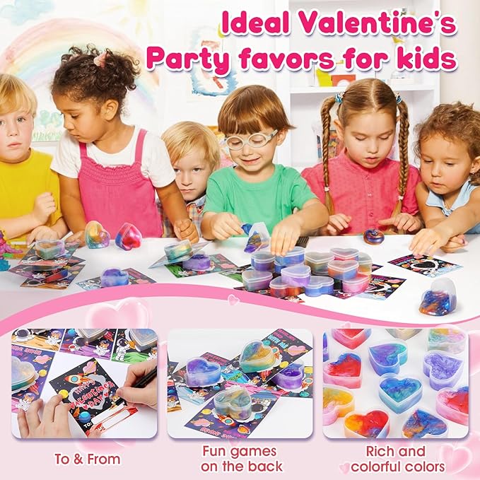 28 Pack Valentines Day Cards for Kids School - Galaxy Slime Stress Relief Fidget Toys, Perfect Classroom Exchange Gifts & School Party Favors, Kids Valentines Day Gifts for School Classroom